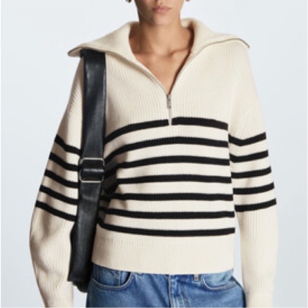 COS Cream and Black Striped Turtleneck Sweater